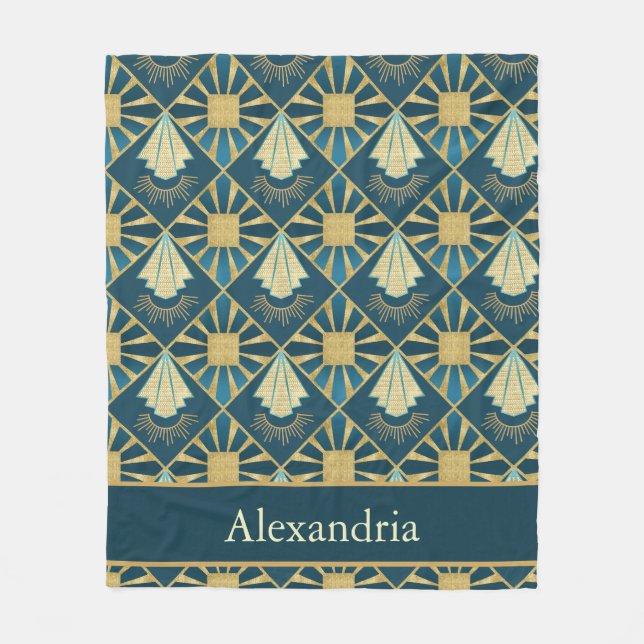 Cobertor De Velo Personalized Art Deco Teal & Gold Geometric Name  (Frente)