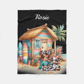 Cobertor De Velo Personalized Beach Hut and Cow Print Girl Blanket