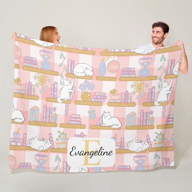 Cobertor De Velo Personalized Bookish Cat Gift Pink Pastel Name (In Situ)