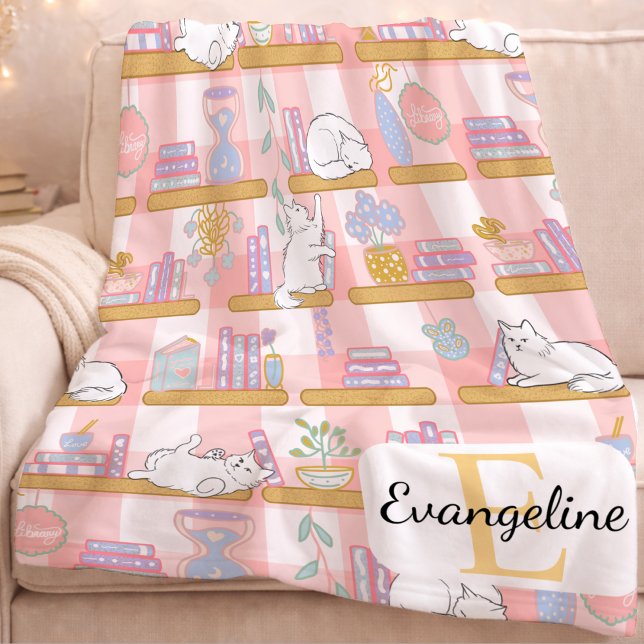 Cobertor De Velo Personalized Bookish Cat Gift Pink Pastel Name (Criador carregado)