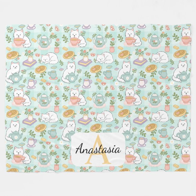 Cobertor De Velo Personalized  Cat Monogram Name Pastel High Tea (Frente (Horizontal))