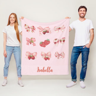 Cobertor De Velo Personalized Coquette Strawberry & Bow  Fleece Bla