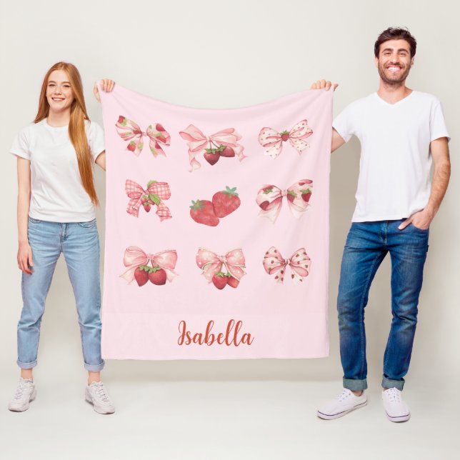 Cobertor De Velo Personalized Coquette Strawberry & Bow  Fleece Bla (In Situ)