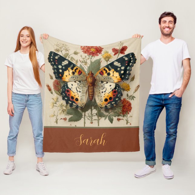 Cobertor De Velo Personalized Fleece Blanket Butterfly Floral Tan (In Situ)
