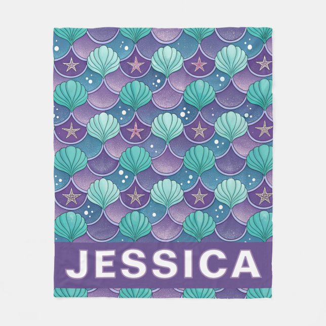 Cobertor De Velo Personalized Mermaid Scales Ocean Aqua Fantasy (Frente)