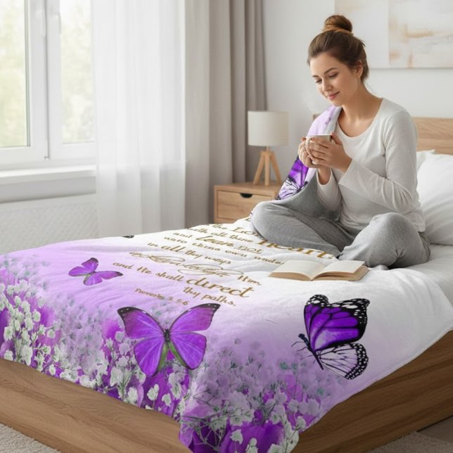 Cobertor De Velo Personalized Purple Butterfly Proverbs 3:5-6 Relig (Criador carregado)