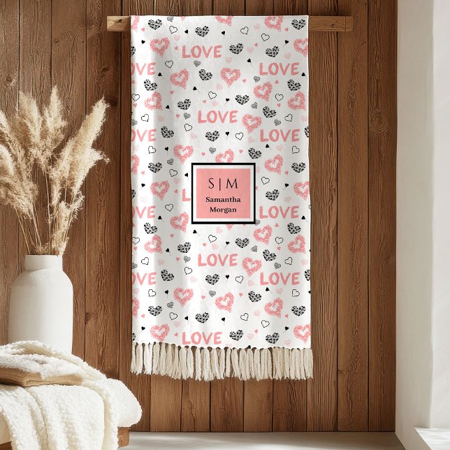 Cobertor De Velo Personalized Valentine Blanket Pink Black Hearts  (saint valentine minimal throw blanket,
valentine's day gift for couples,
personalized custom name Sh)
