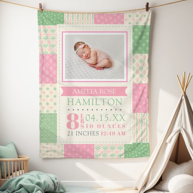 Cobertor De Velo Pia e verde, Photo Stats (Pink and Green Birth Stats Photo Baby Fleece Blanket)