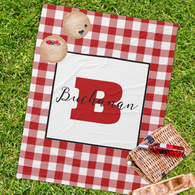 Cobertor De Velo Picnic vermelho clássico do nome do monograma (Classic picnic blanket custom monogram initial name red gingham pattern fleece blanket traditional)