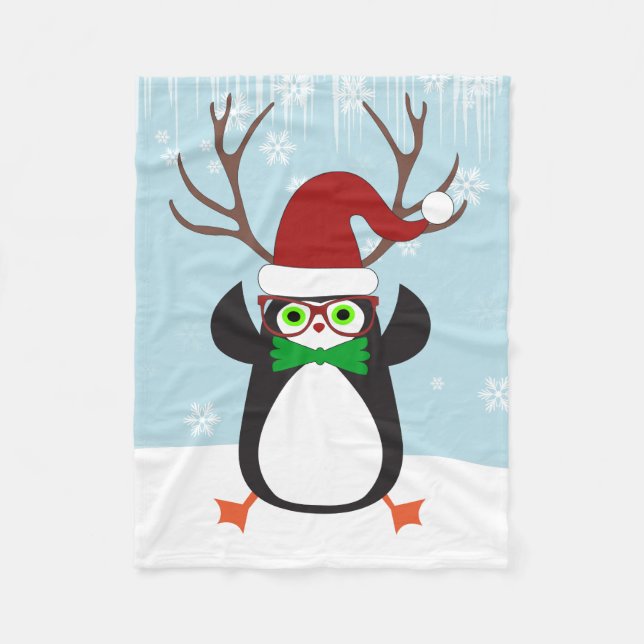 Cobertor De Velo Pinguim de Natal Hipster engraçado com Antlers (Frente)