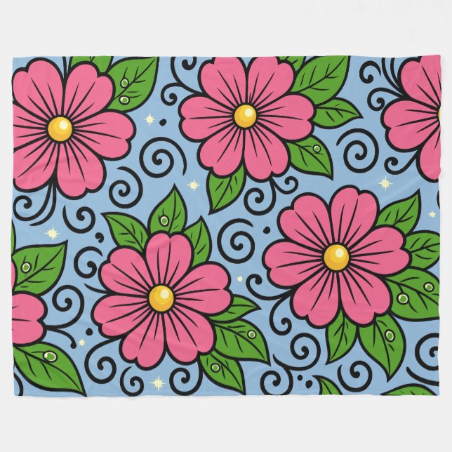 Cobertor De Velo Pink Florals with Green Leaves and Curved Details (Frente (Horizontal))