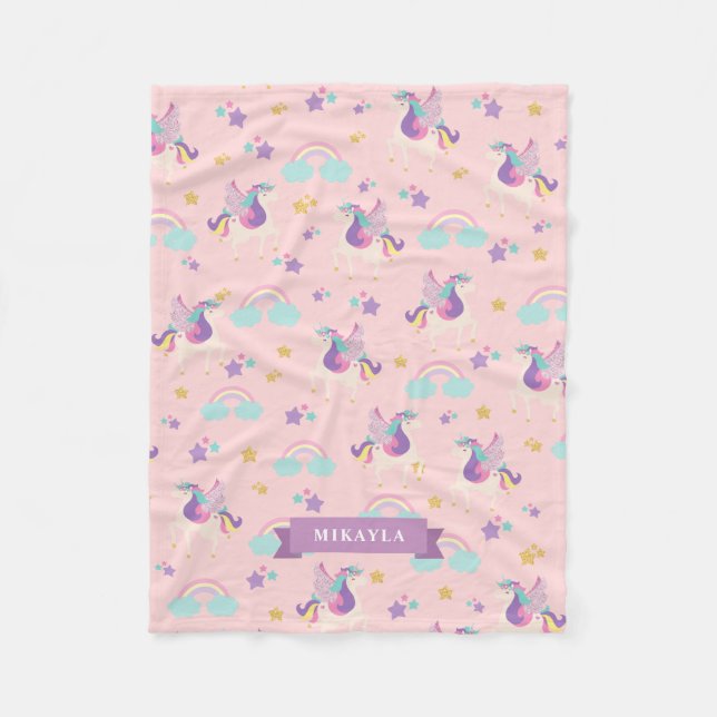 Cobertor De Velo Pink Pastel | Padrão Cute Rainbow Unicorn (Frente)