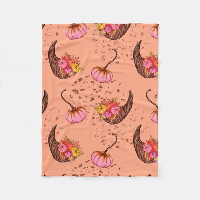 Cobertor De Velo Pink Pumpkin with Autumn Leaves and Horns (Frente)