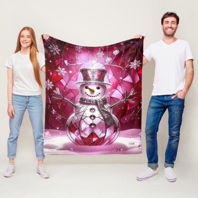 Cobertor De Velo Pink Snowman Snowflakes Fleece Blanket (In Situ)