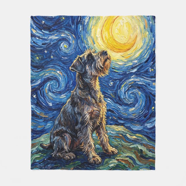 Cobertor De Velo Pintura da Noite Estrelada com Schnauzer (Frente)