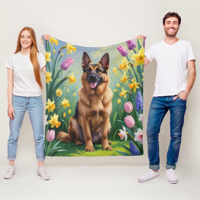 Cobertor De Velo Pintura das flores da primavera do german shepherd (In Situ)