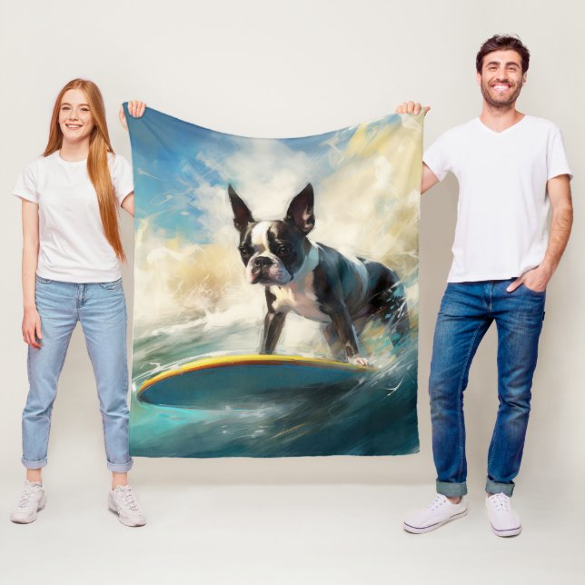 Cobertor De Velo Pintura de Boston Terrier Surfando na Praia (In Situ)