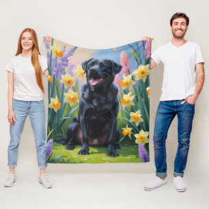 Cobertor De Velo Pintura de Flores de Primavera com Cachorro Labrad