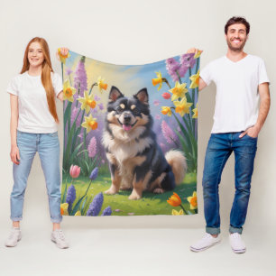 Cobertor De Velo Pintura de Flores de Primavera do Cão Lapphund Fin