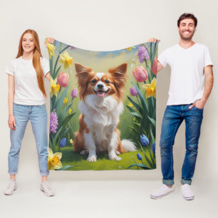 Cobertor De Velo Pintura de Flores de Primavera do Cão Papillon