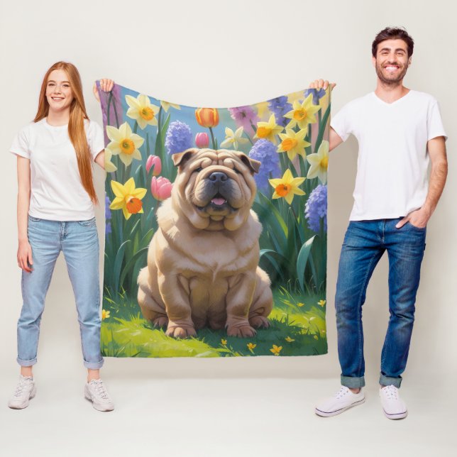 Cobertor De Velo Pintura de Flores de Primavera do Cão Shar Pei (In Situ)
