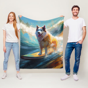 Cobertor De Velo Pintura de Malamute do Alasca Surfando na Praia