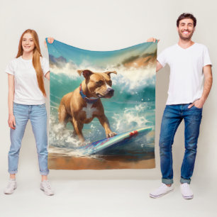 Cobertor De Velo Pintura de Surf na Praia do American Staffordshire