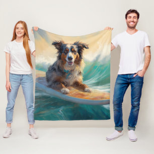 Cobertor De Velo Pintura de Surf na Praia do Australian Shepherd
