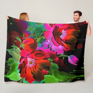 Cobertor De Velo Pintura por Aquarela de Flores Vermelhas em Preto