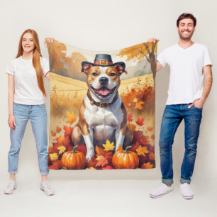 Cobertor De Velo Pitbull em Folhas de Outono Arte de Ação de Graças
