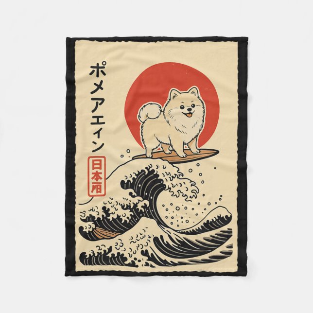 Cobertor De Velo Pomerânia Surfando Onda Japonesa  (Frente)