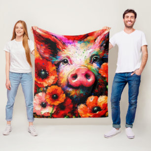 Cobertor De Velo Porco Impressionista em Flores Vermelhas