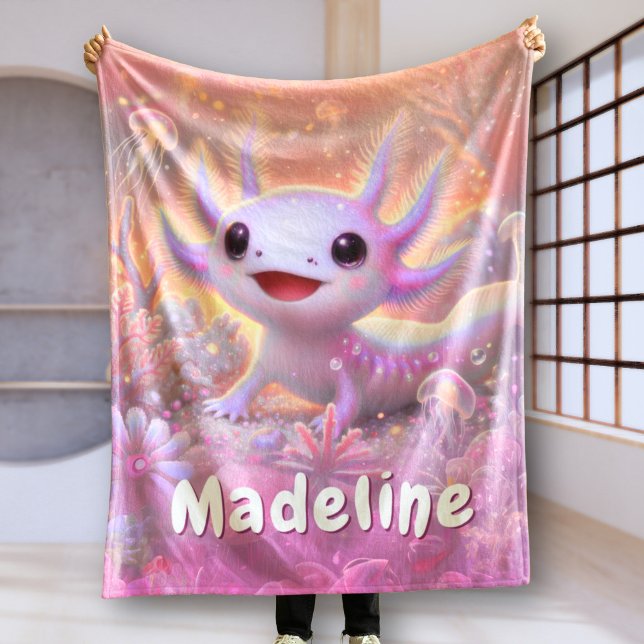 Cobertor De Velo Presente Personalizado de Axolote com Nome Rosa (Personalized axolotl blanket in pink for girls)
