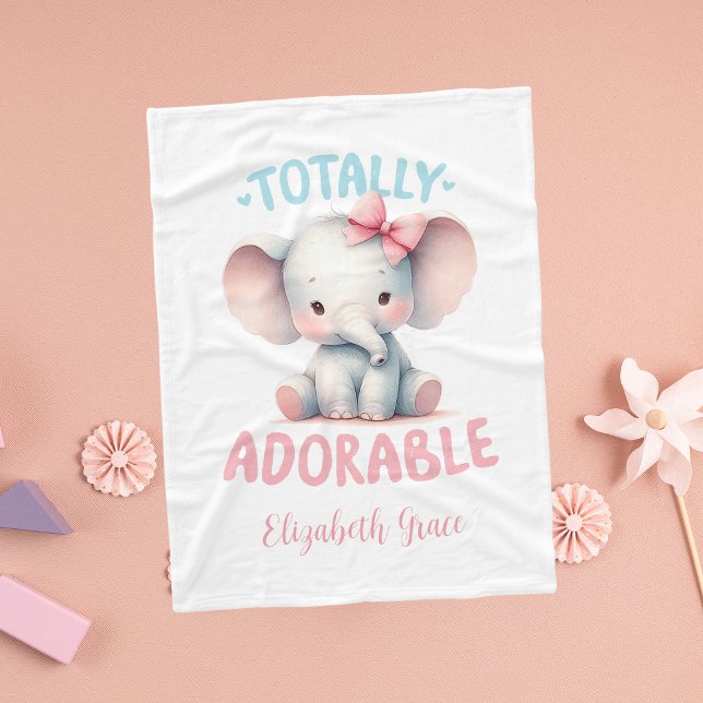 Cobertor De Velo Presente Personalizado de Elefante Bebê Rosa Cinza (Baby Elephant Pink Gray Totally Adorable Personalized Baby Blanket Fleece for baby girl)