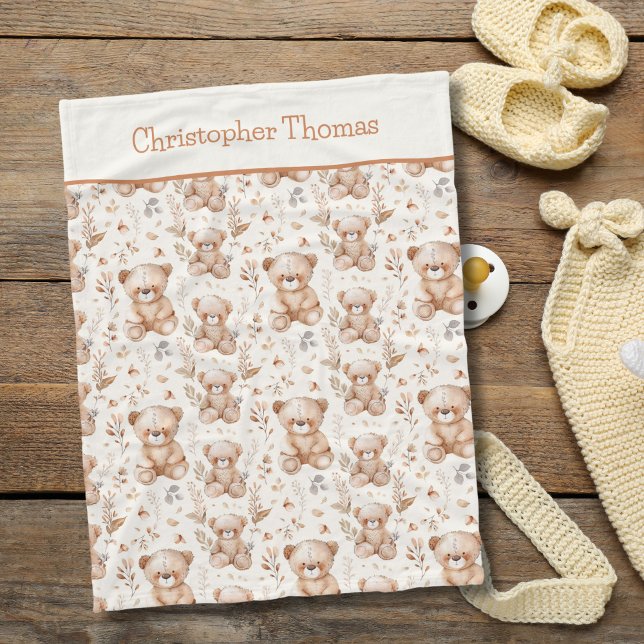 Cobertor De Velo Presente personalizado de garotinho de ursos casta (Personalized Brown Bears Baby Blanket. Baby shower gift, new baby boy gift.)