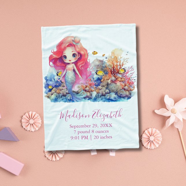 Cobertor De Velo Presente Personalizado para Chás de Bebê de Sereia (Mermaid Sea Life Birth Stats Baby Shower New Baby Gift Baby Blanket for Baby Girl)