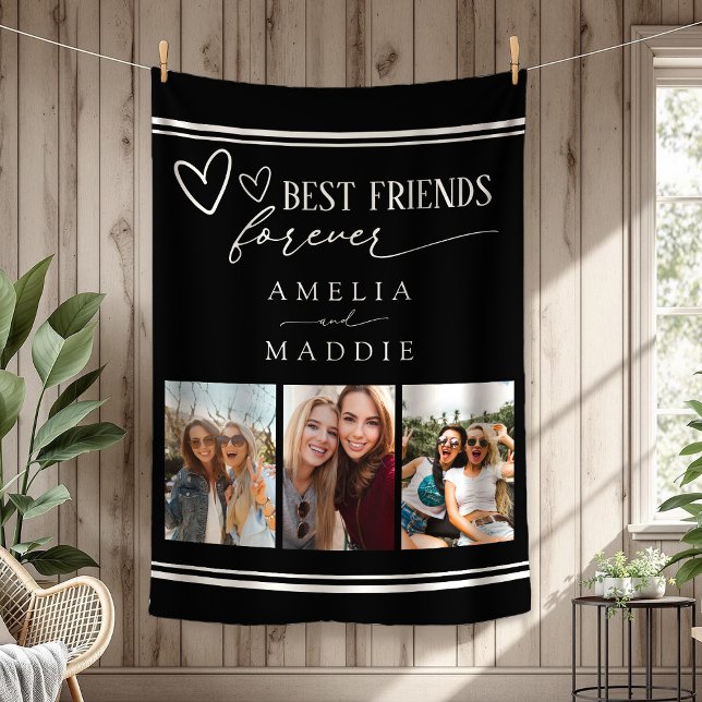 Cobertor De Velo Preto de Colagem de Fotos dos Melhores Amigos para (Best Friends Forever Photo Collage Black Fleece Blanket)