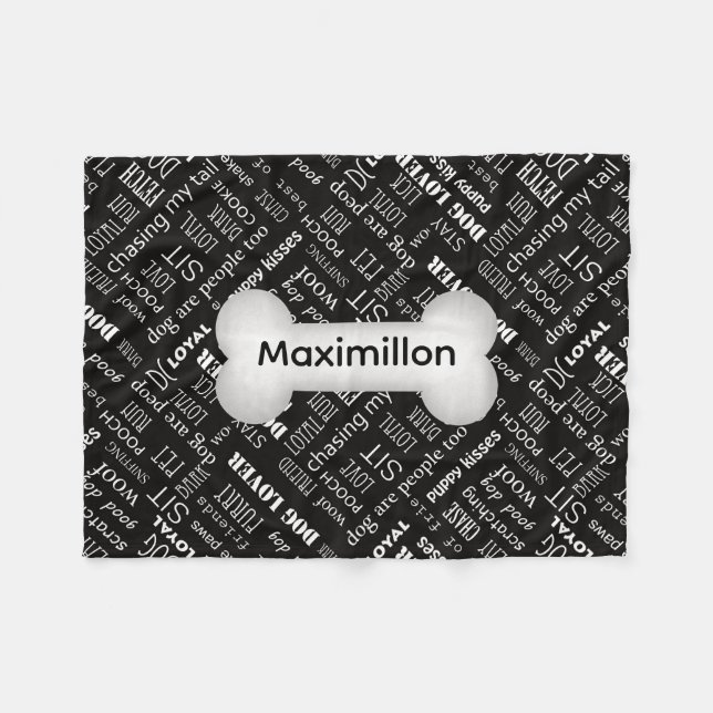 Cobertor De Velo Preto Pequeno com Osso e Nome do Cão Branco (Frente (Horizontal))