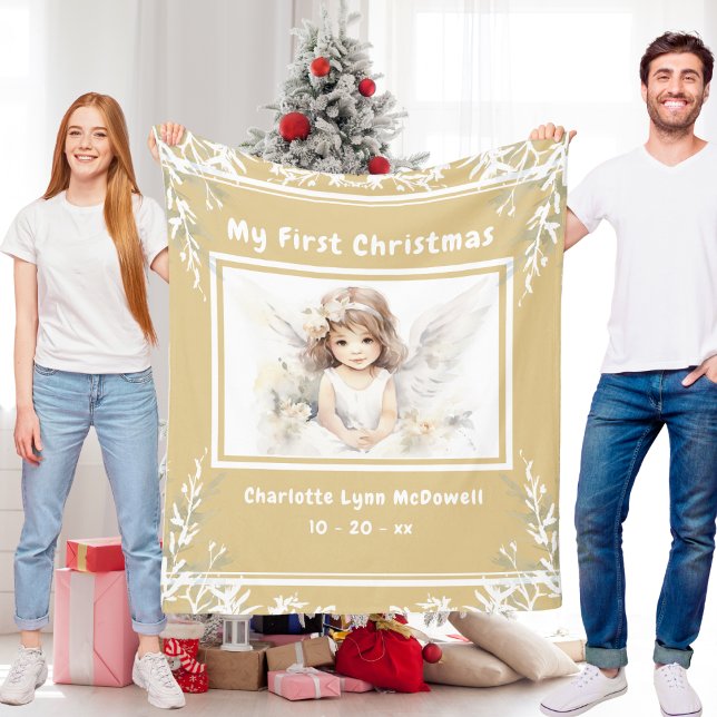 Cobertor De Velo Primeiro Natal Bebê Anjo Dourado e Natal Branco (First Christmas Baby Angel Gold & White Christmas Fleece Blanket)