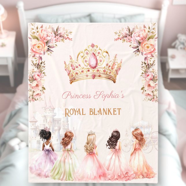 Cobertor De Velo Princesa Coroa Rosa Dourada (Princess Crown Pink Gold Floral Girl Name Fleece Blanket)