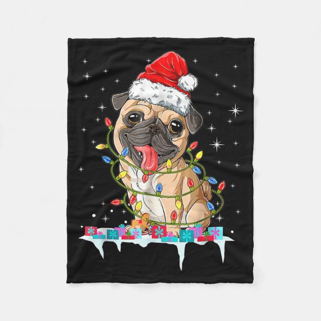 Cobertor De Velo Pug Christmas Tree Lights Santa Dog Xmas  (Frente)