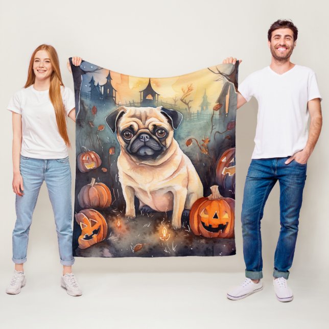 Cobertor De Velo Pug De Halloween Com Pumpkins Assustado (In Situ)