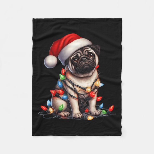 Cobertor De Velo Pug Dog Christmas Lights Santa Hat Dog Lover  (Frente)