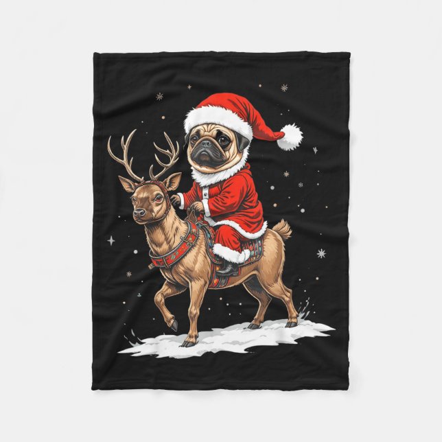 Cobertor De Velo Pug Santa Riding Reindeer Christmas Holiday Puppy  (Frente)