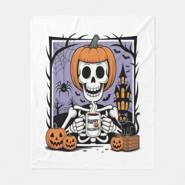 Cobertor De Velo Pumpkin Skeleton Bebendo Café (Frente)