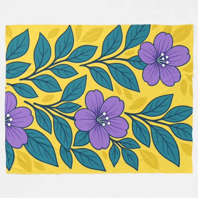 Cobertor De Velo Purple Flowers & Teal Leaves on Yellow Background (Frente (Horizontal))