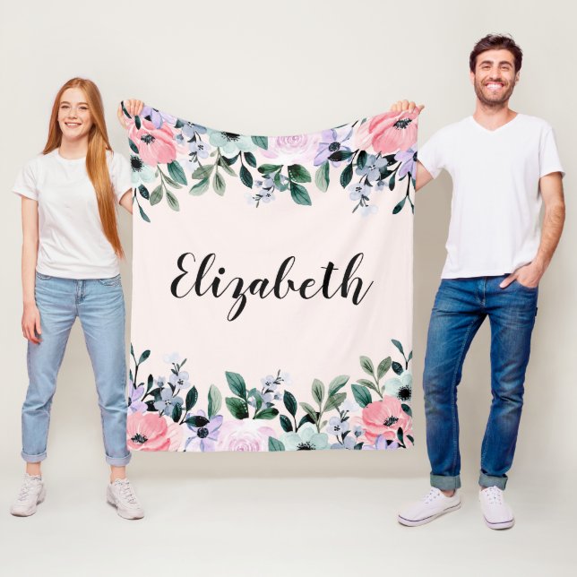 Cobertor De Velo Púrpura Rosa e Aquarela Floral Verde (In Situ)