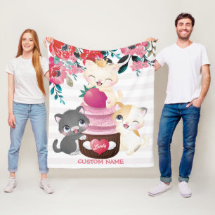 Cobertor De Velo Quadrinhos Quimsos De Cartoon Floral Gatos Cupcake