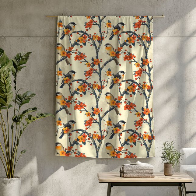 Cobertor De Velo Queda quente com aves e flores sazonais (Warm Fall Throw with Birds and Seasonal Flowers Fleece Blanket)