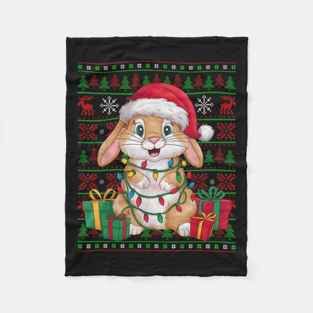 Cobertor De Velo Rabbit Bunny Xmas Lights Ugly Santa Hat Bunny Chri (Frente)